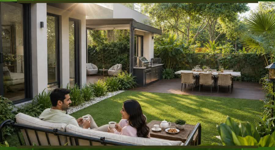 Private garden terrace with lawn, outdoor dining and lounge seating at a Presidential Garden Terrace Home